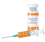 A vial of vaccine with a syringe. 